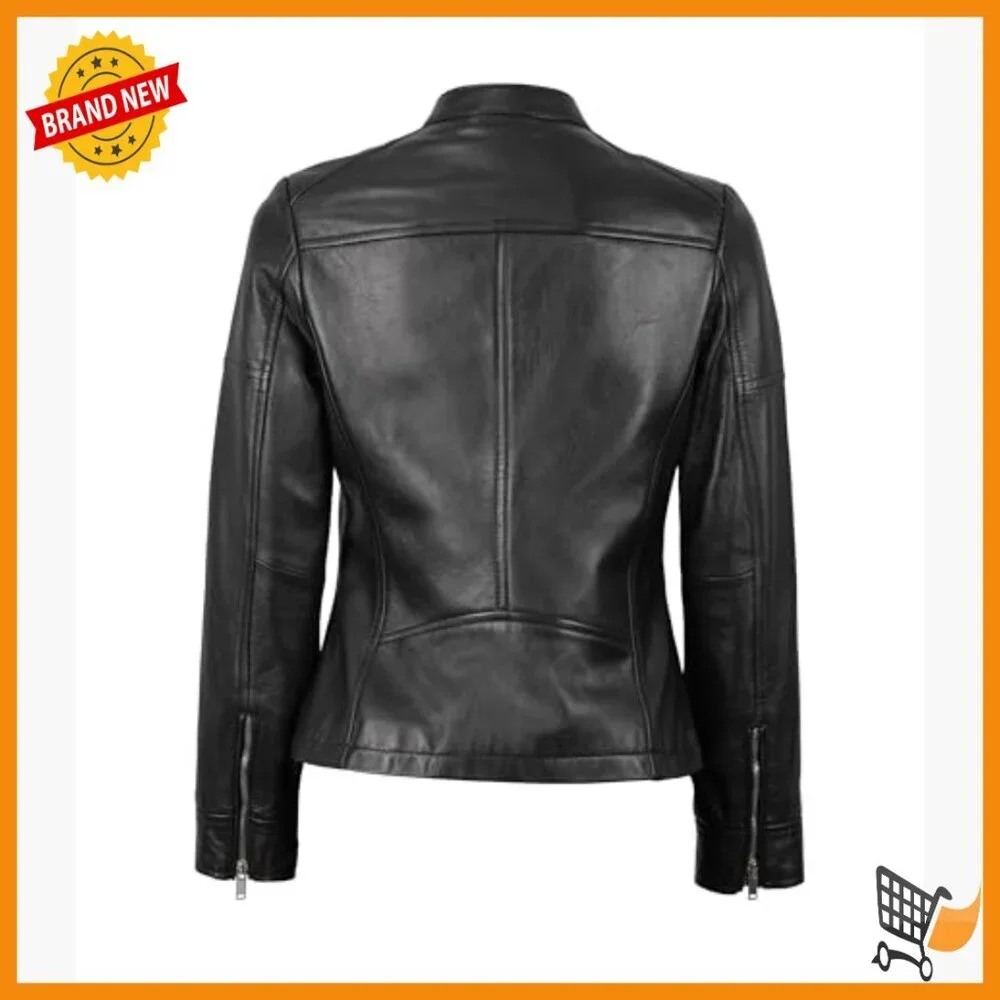 Lambskin Leather Jacket Women's Cafe Racer Style Zipper Closure